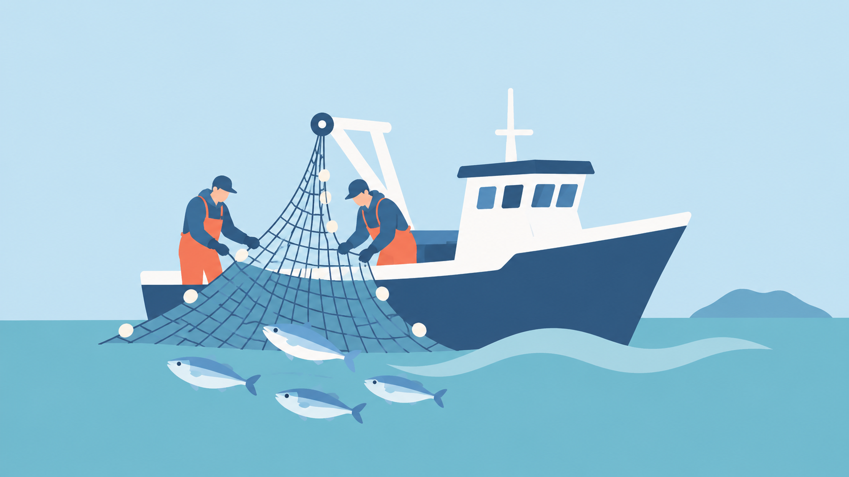 漁場で魚を獲る